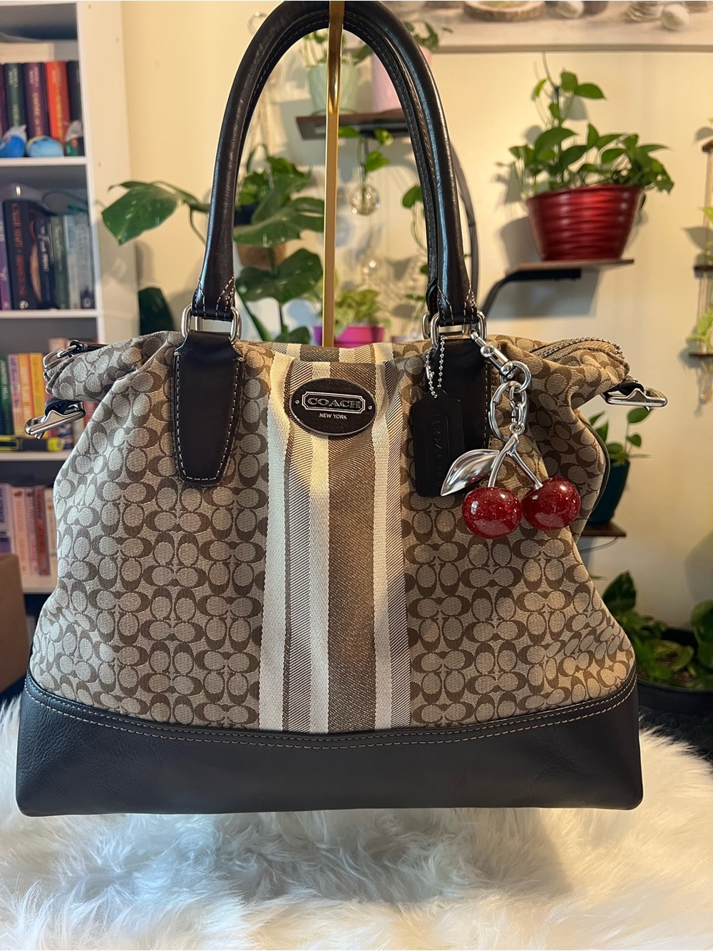 Coach Brown Signature Stripe Satchel with Cherry Charm